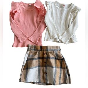 Pink and White Ruffle Tops with Brown Plaid Skirt Size 2T